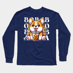 Cute Corgi Drinking Boba T-Shirt: Adorable Dog Tee for Boba Tea Lovers Long Sleeve T-Shirt